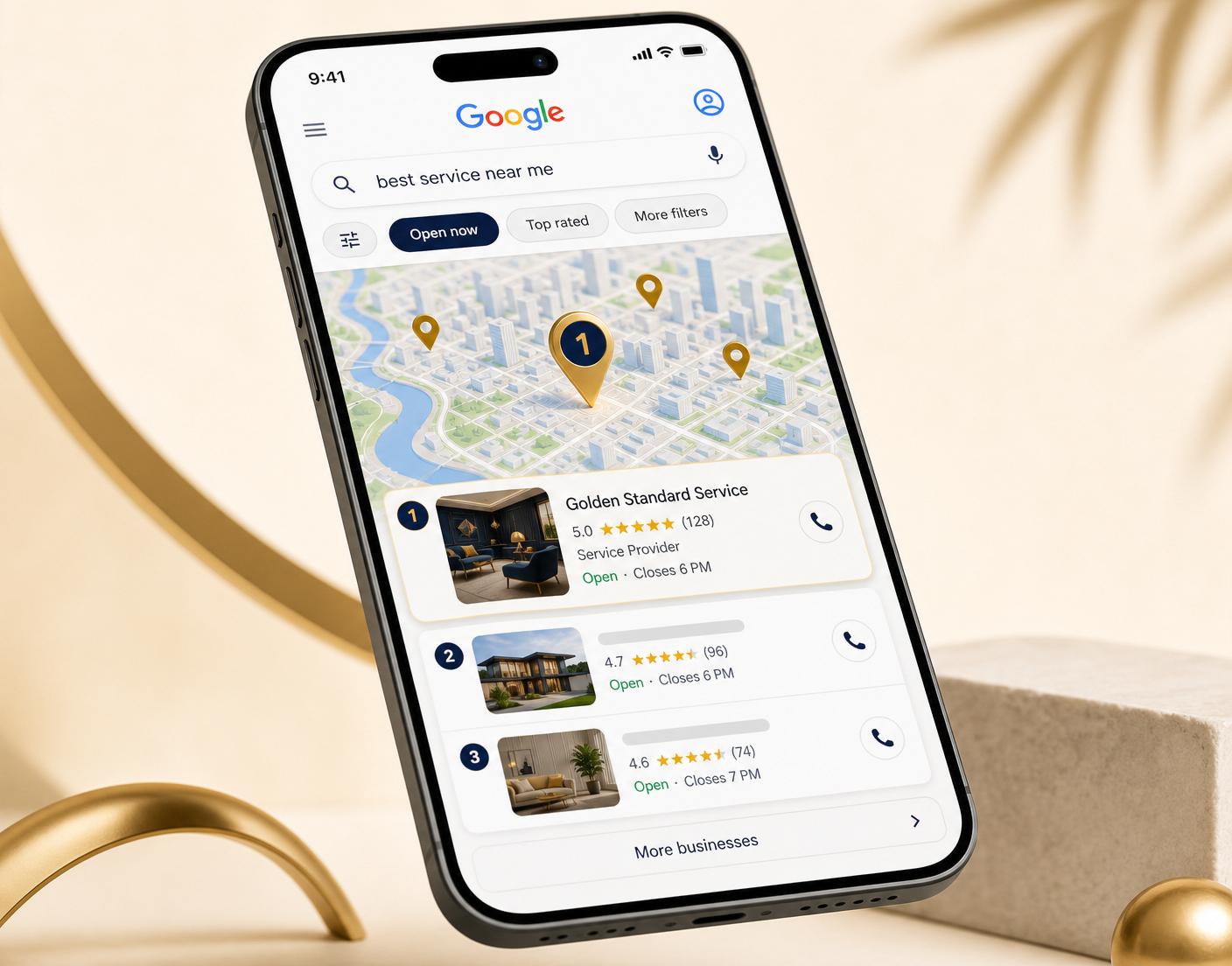 Google Maps search showing a top-ranked local business with pins across the city