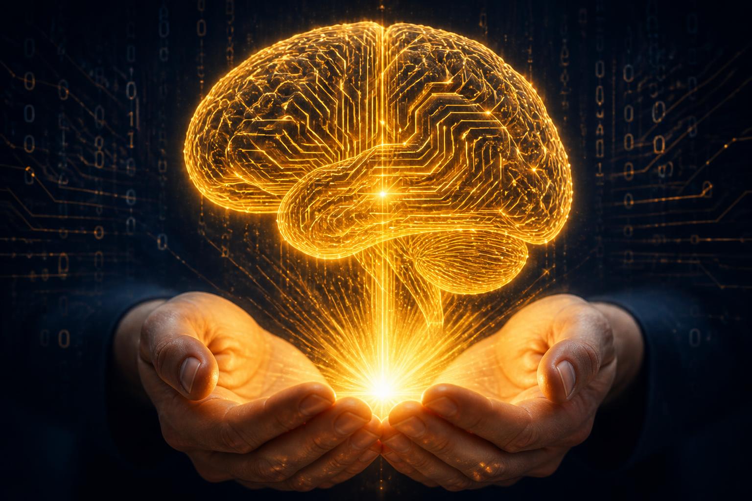 Glowing golden AI brain of circuit traces held in cupped hands