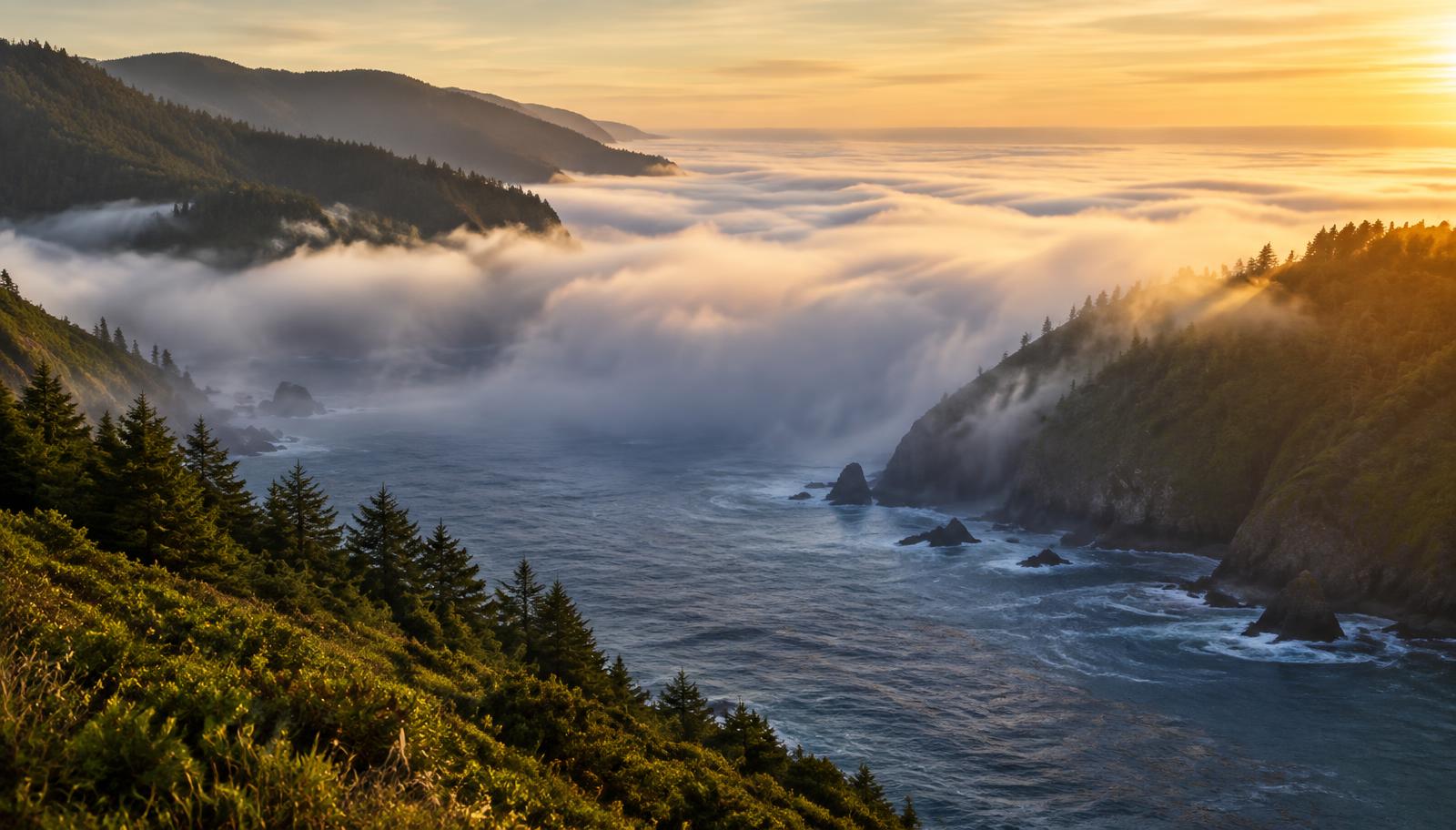 Fog rolling between forested coastal headlands at golden hour, with waves breaking below.