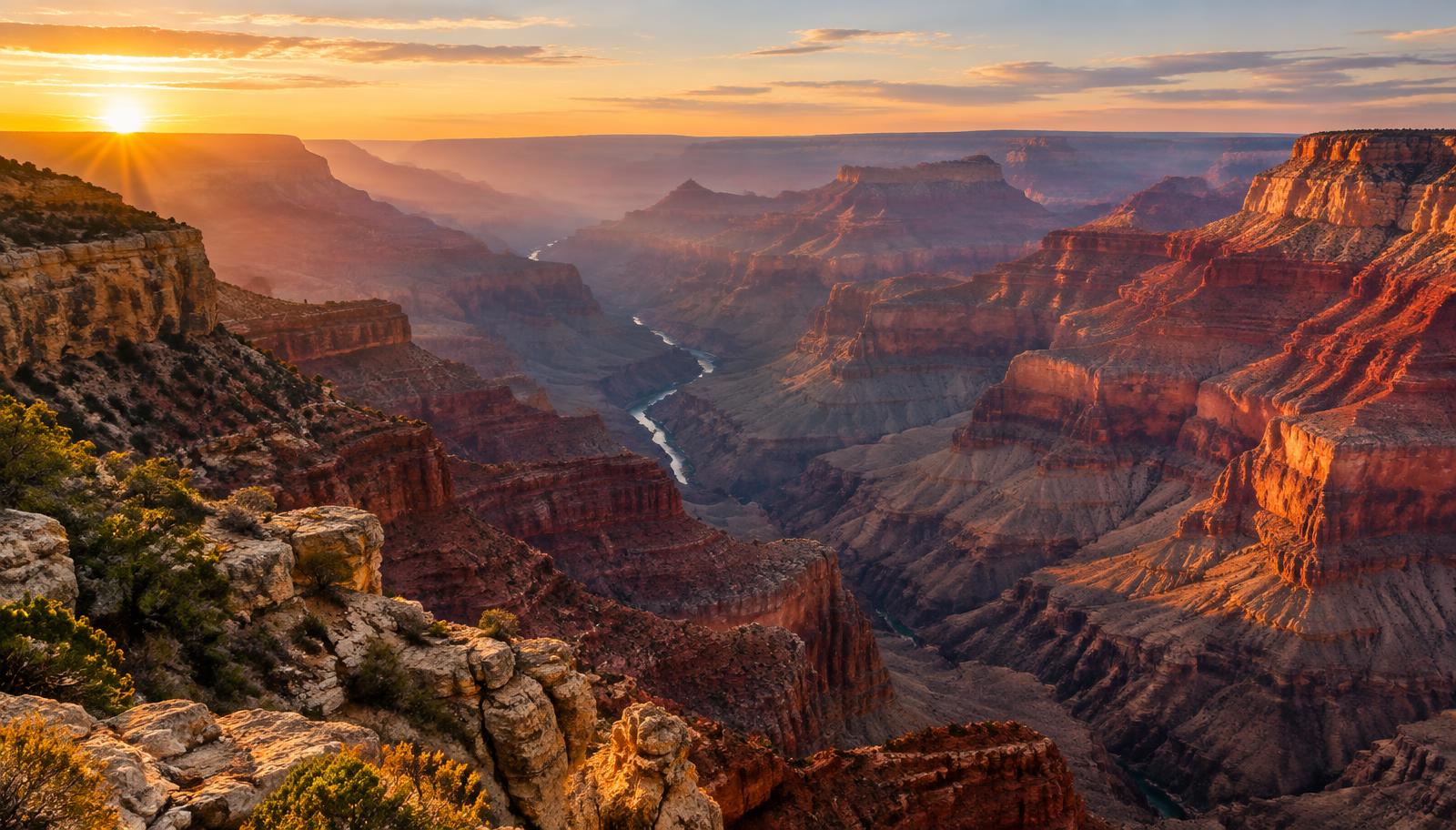 Layered red canyon walls glowing at sunrise, with a river winding far below.