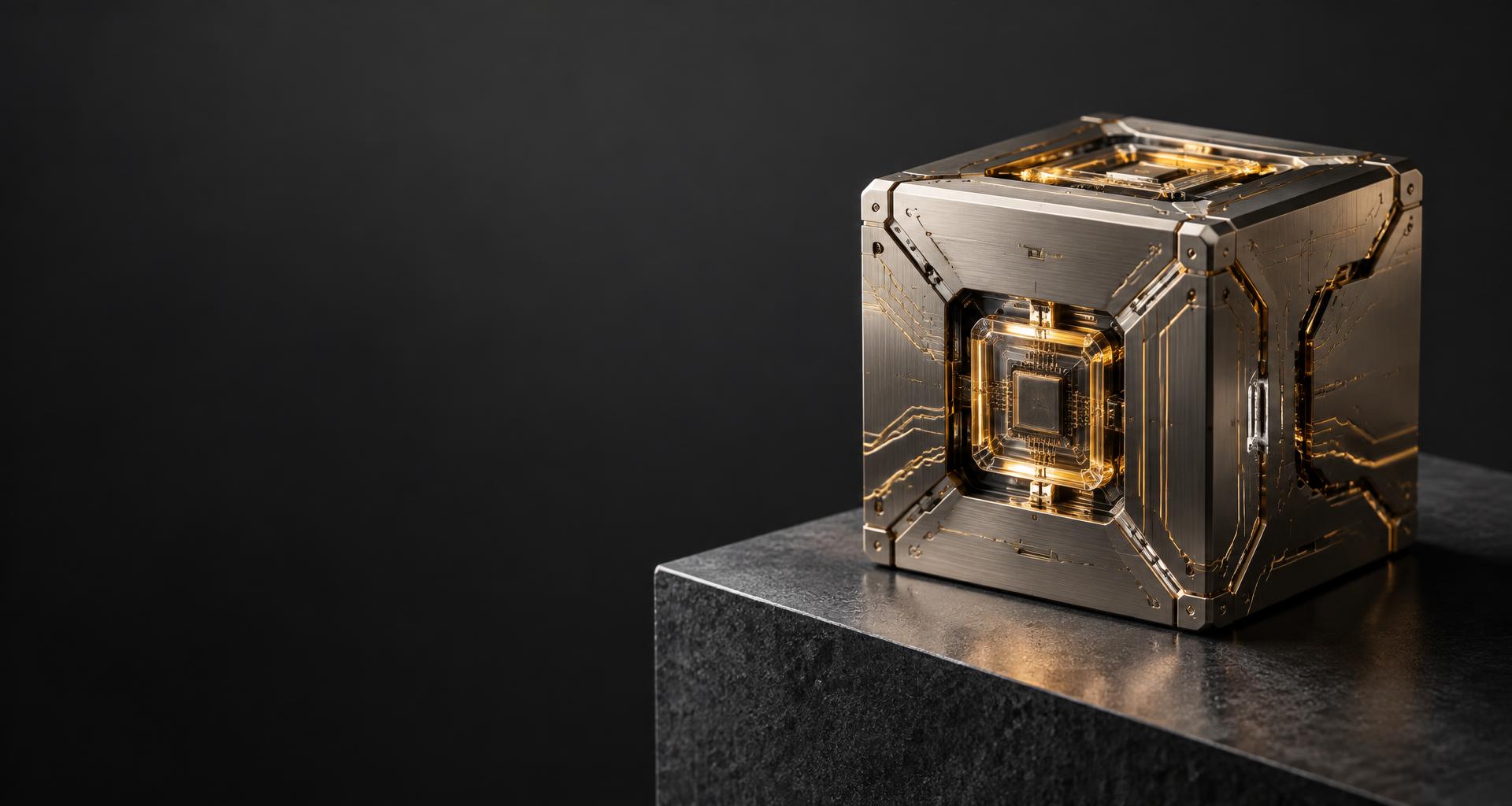 Precision-engineered metallic computing core with illuminated gold circuitry