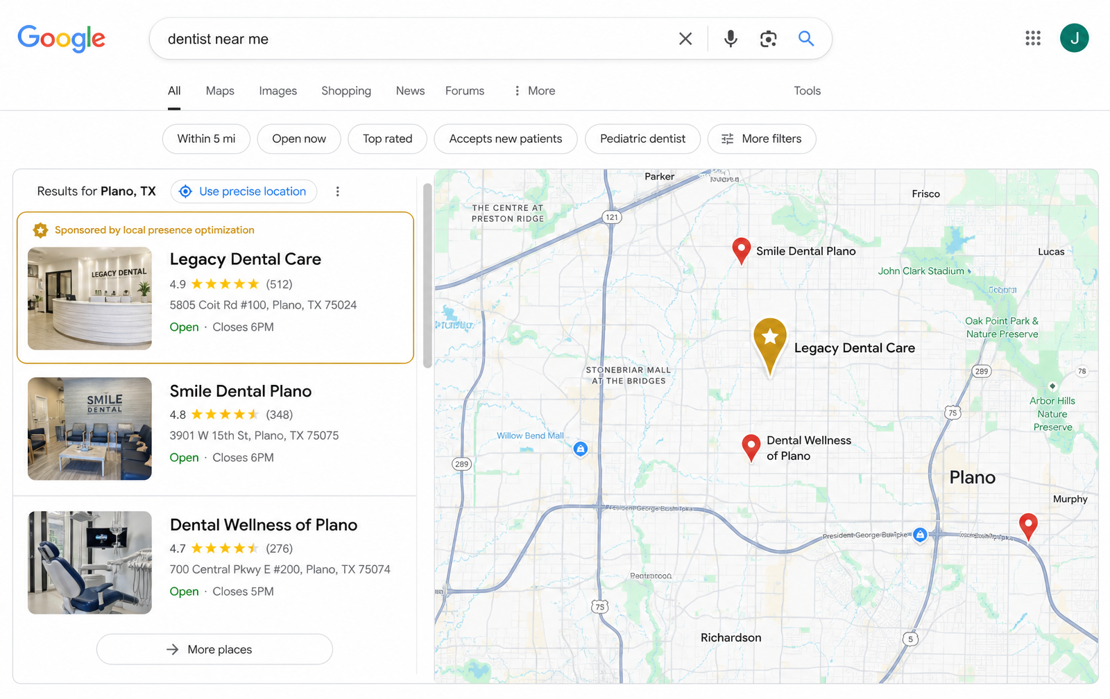 Desktop local results — featured business at the top of the map