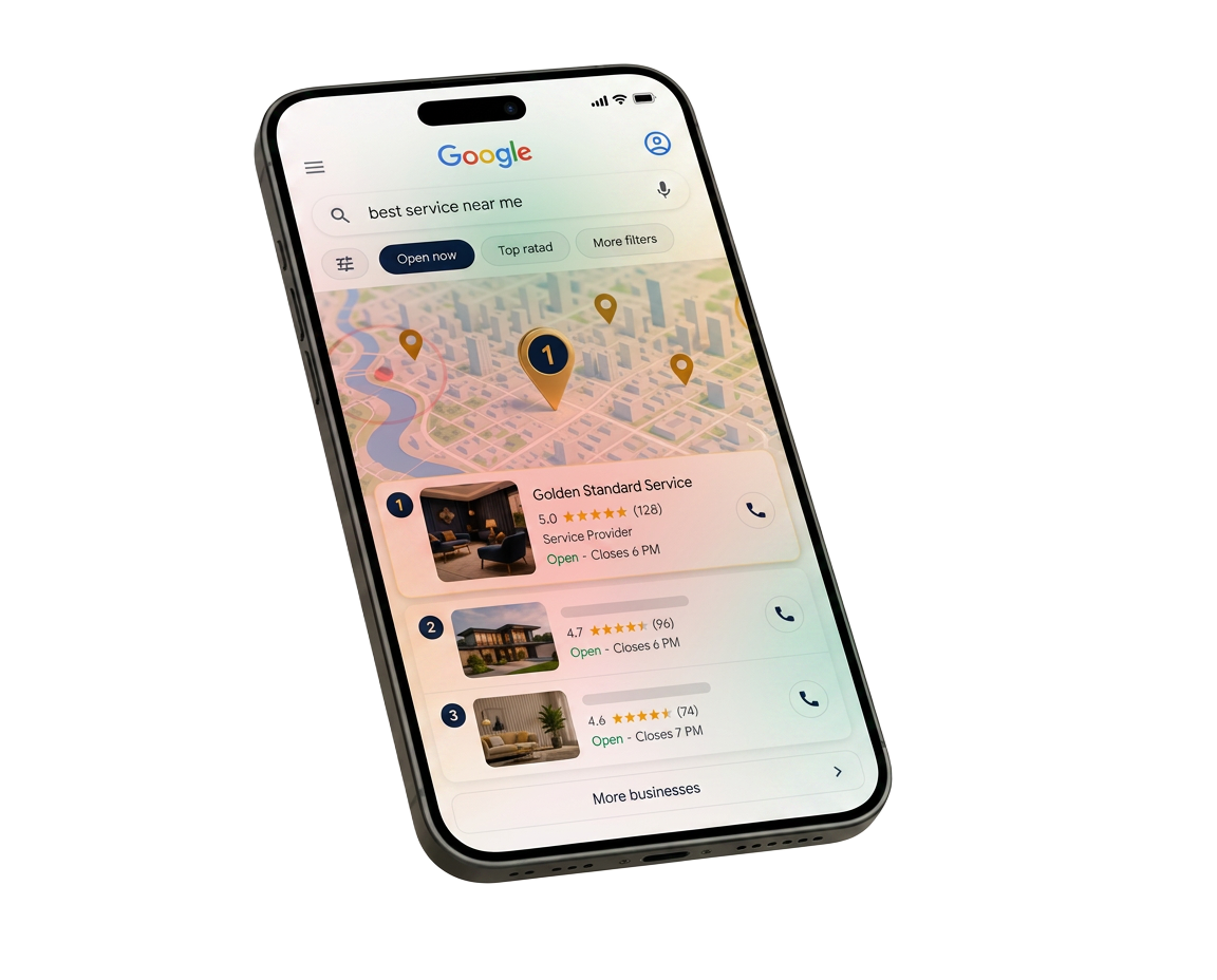 Mobile search "Where is the nearest service provider to me" — featured business pinned