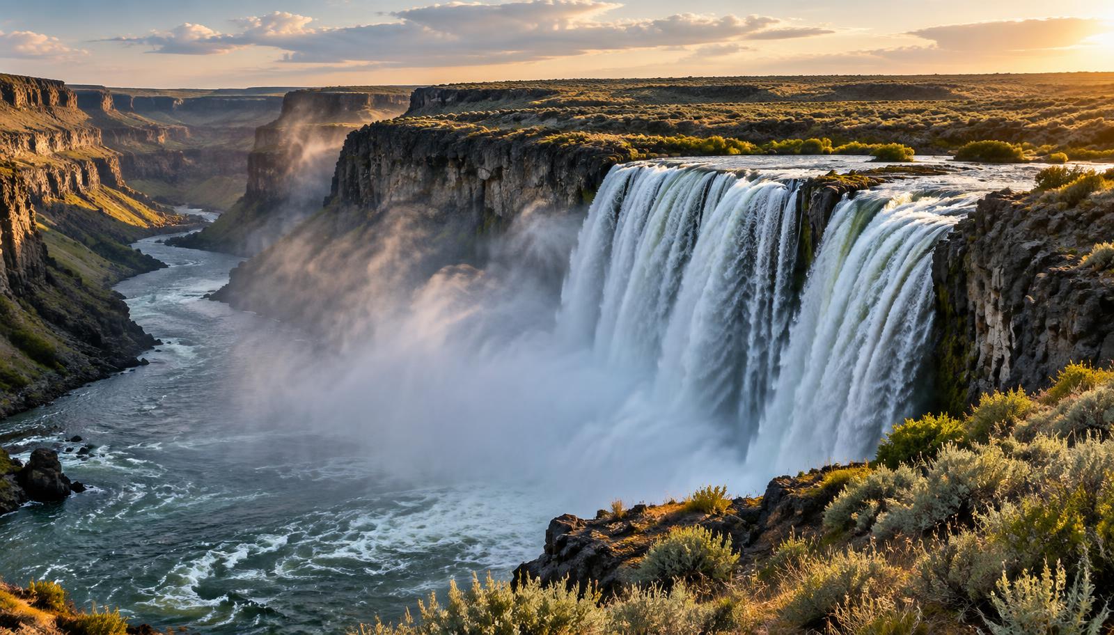 A wide waterfall pouring over a dark basalt rim into a river canyon, with mist rising and sagebrush in the foreground.