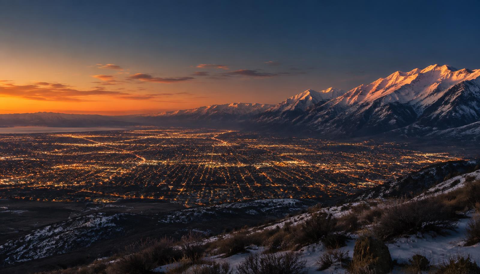 City lights spread across the Salt Lake Valley at dusk, with snow-covered mountains glowing along the east side.